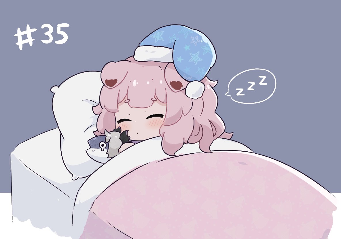 1girl animal animal_ears arknights bangs bed blue_headwear blush cat_ears cat_girl chibi commentary crying crying_with_eyes_open english_commentary fish goldenglow_(arknights) grey_hair hat holding holding_animal horns kurotofu nightcap numbered pillow pink_hair sleeping spoken_zzz tears zzz