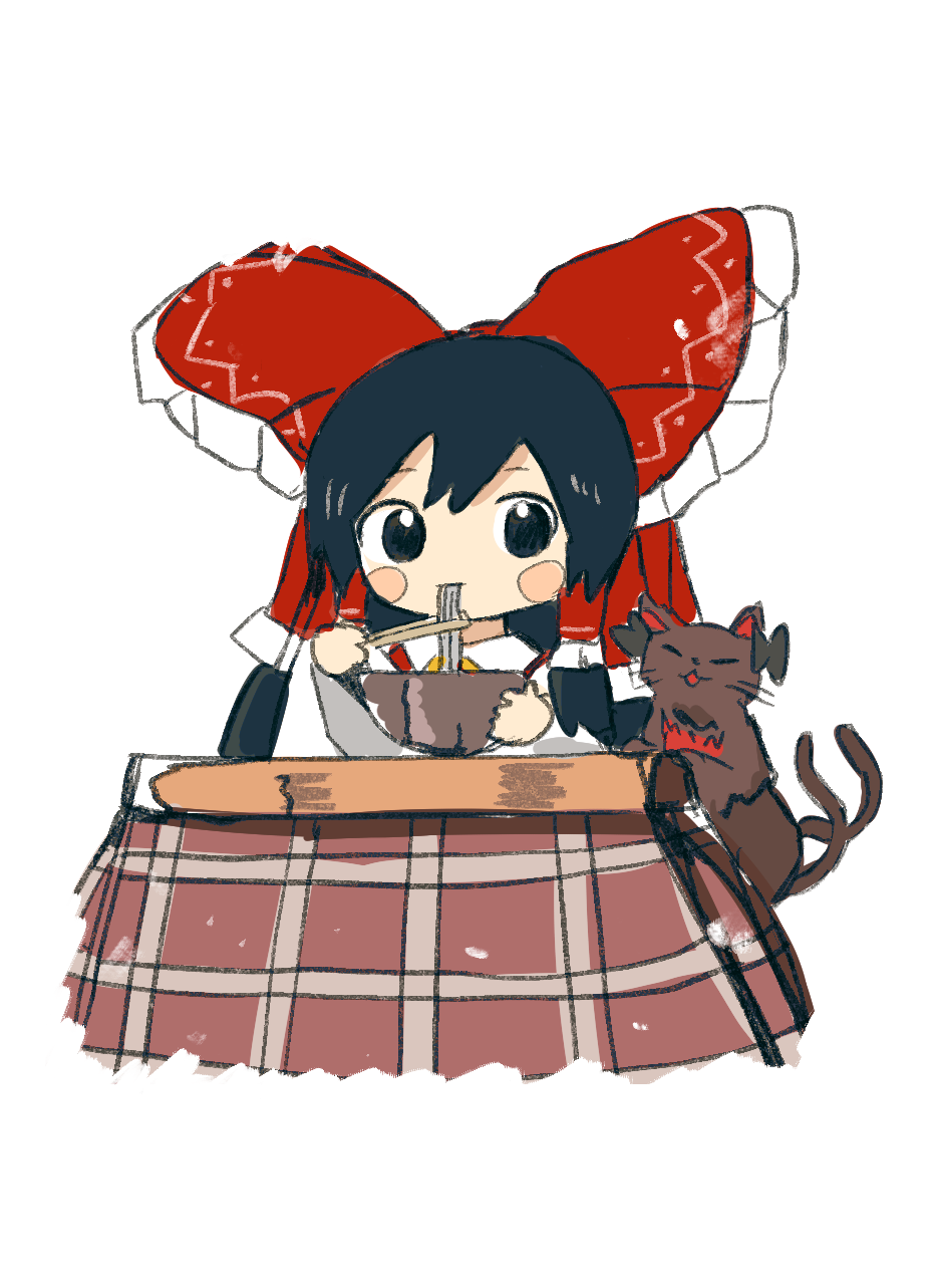 1girl animal_ears black_bow black_cat black_hair blush bow bowl cat cat_ears chabudai_(table) chopsticks commentary_request food frilled_bow frills hair_bow hakurei_reimu highres holding holding_chopsticks holding_food kaenbyou_rin kaenbyou_rin_(cat) kotatsu multiple_tails neruzou noodles red_bow short_hair simple_background sitting table tail touhou two_tails under_kotatsu under_table white_background