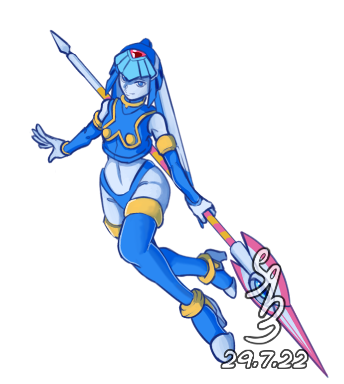 1girl android artist_name blue_eyes boots full_body gloves helmet holding holding_polearm holding_weapon leviathan_(mega_man) mega_man_(series) mega_man_zero polearm robot robot_girl simple_background spear thigh-highs thigh_boots weapon white_background white_gloves xaym2224