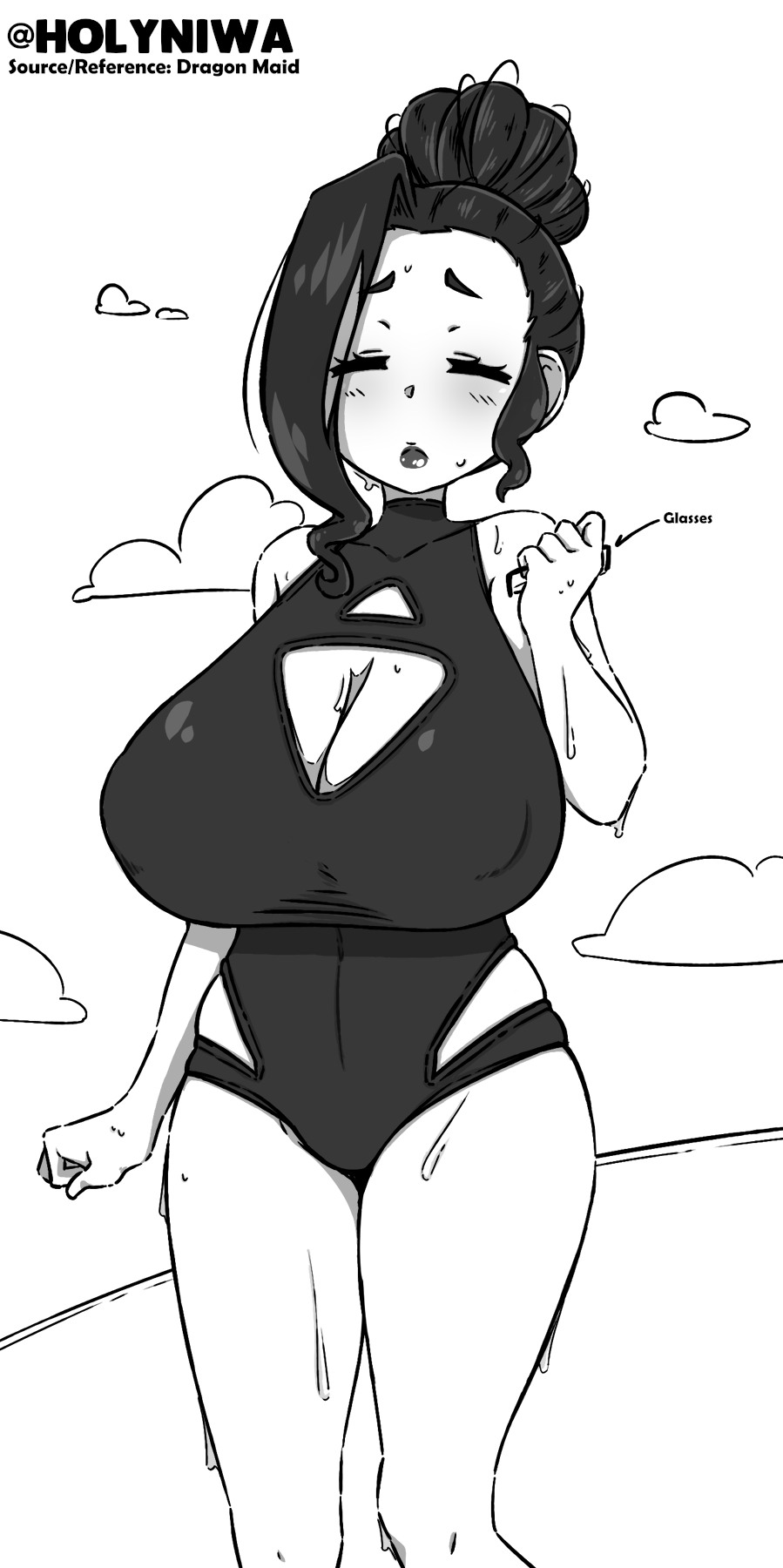 1girl arm_at_side bangs bare_legs blush breasts cleavage_cutout clenched_hand closed_eyes clothing_cutout clouds covered_nipples glasses greyscale hair_bun highres holding holding_eyewear holyniwa huge_breasts indie_virtual_youtuber lips monochrome niwa_(holyniwa) single_hair_bun sky sweat swimsuit thick_thighs thighs walking