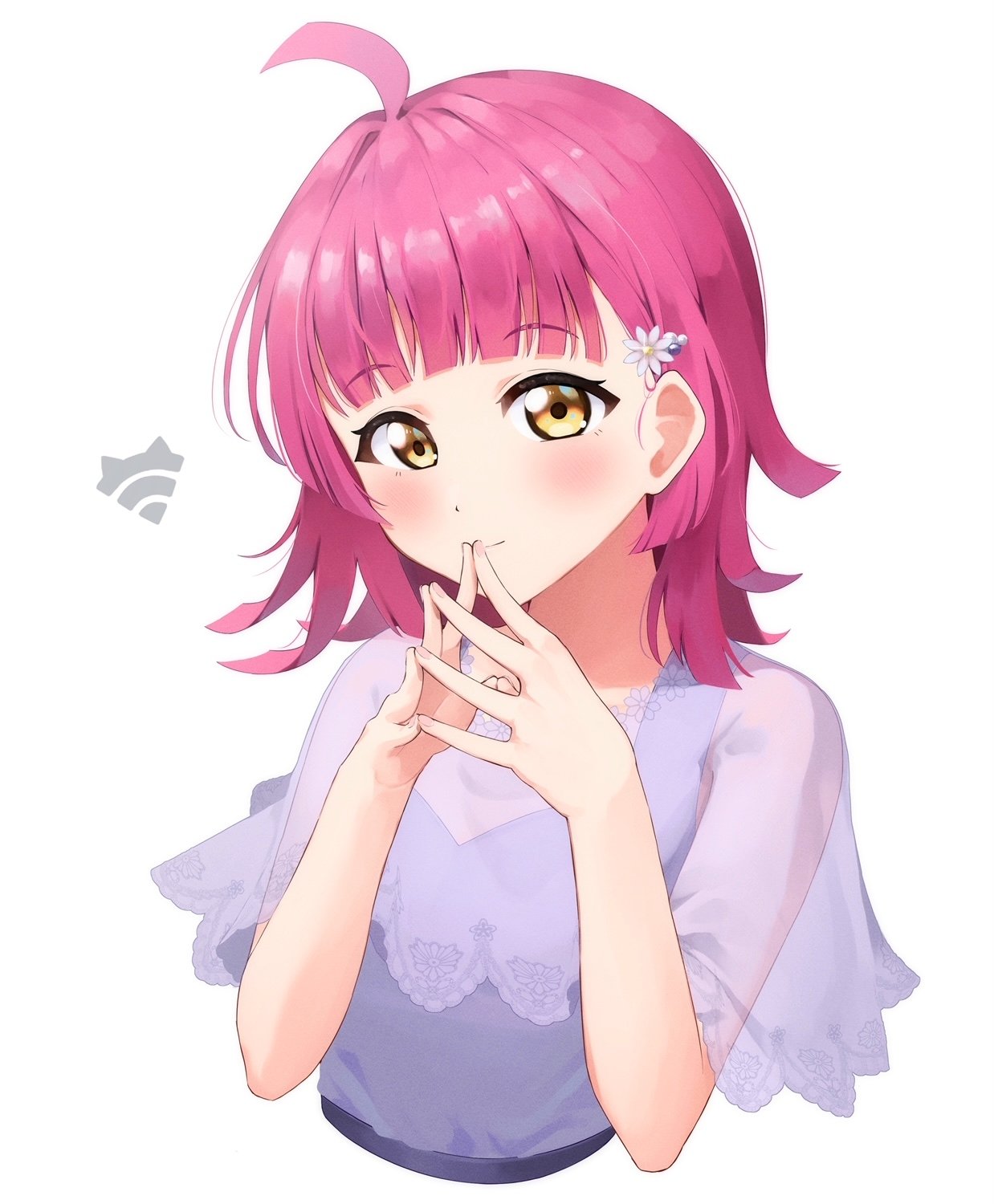 1girl ahoge bangs blunt_bangs blunt_ends blush breasts check_commentary commentary_request cropped_torso flower hair_flower hair_ornament hairclip hands_up highres lace_trim light_smile looking_at_viewer love_live! love_live!_nijigasaki_high_school_idol_club morros own_hands_together pink_hair purple_shirt see-through shirt short_hair sleeveless sleeveless_shirt small_breasts solo tennouji_rina white_background wifi_symbol yellow_eyes