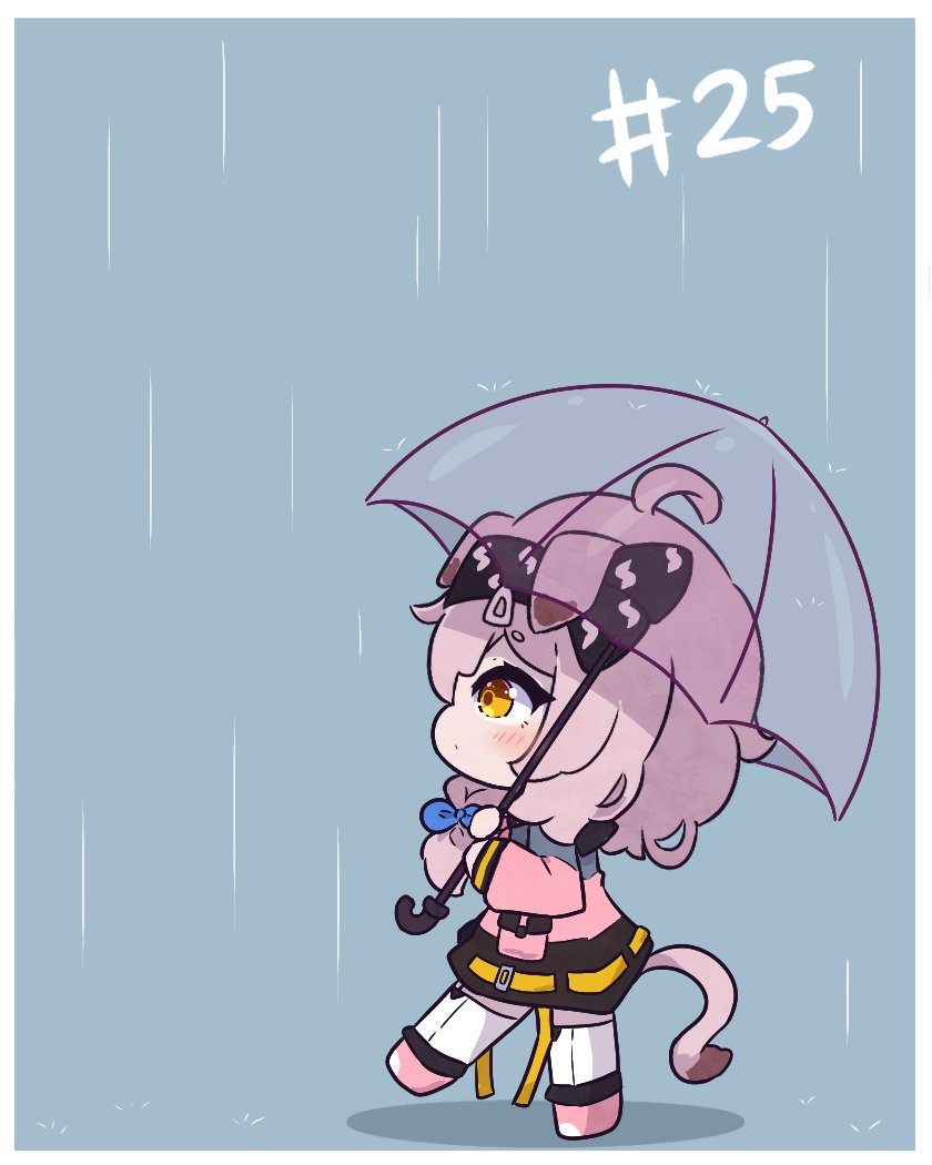 1girl :o animal_ears arknights black_hairband blue_bow blush bow braid cat_ears cat_girl cat_tail chibi coat goldenglow_(arknights) hair_bow hairband holding holding_umbrella kurotofu lightning_bolt_print long_hair long_sleeves looking_up numbered pink_coat pink_hair rain side_braid simple_background solo tail umbrella yellow_eyes