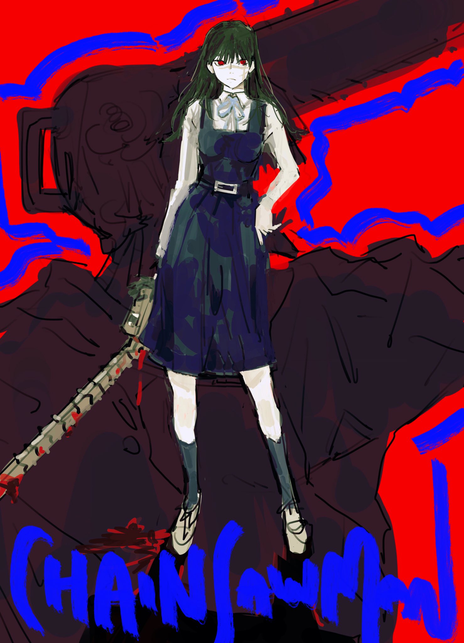 1boy 1girl bangs black_hair black_socks blood chainsaw chainsaw_man collared_shirt decapitation denji_(chainsaw_man) disembodied_head dress hand_on_hip highres light_frown long_hair looking_at_viewer open_mouth pecopecosupipi pinafore_dress red_background ribbon shirt socks spine standing yoru_(chainsaw_man)