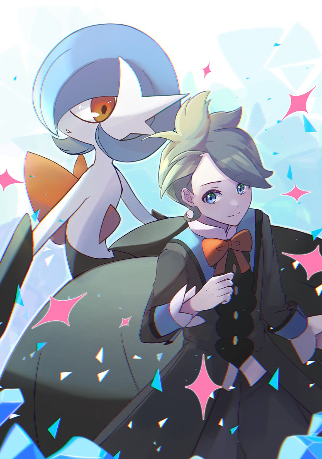 1boy alternate_color bangs black_shorts blue_eyes bow bowtie buttons closed_mouth commentary_request gardevoir green_hair hand_up highres long_sleeves male_focus mega_gardevoir mega_pokemon official_alternate_costume orange_bow orange_bowtie pokemon pokemon_(game) pokemon_masters_ex shiny_pokemon short_hair shorts split_mouth ssn_(sasa8u9r) wally_(pokemon)