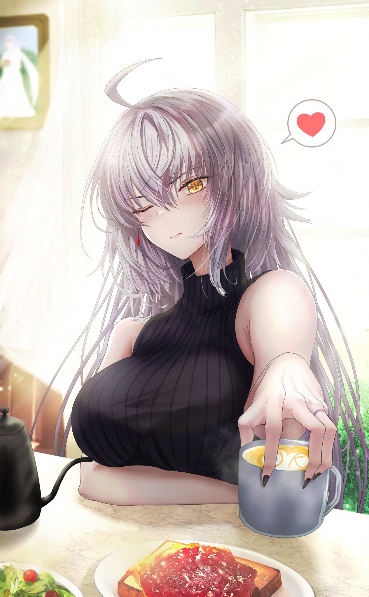 1girl ahoge bare_shoulders black_nails blush breasts cup fate/grand_order fate_(series) food halterneck heart highres indoors jeanne_d'arc_alter_(fate) jewelry kettle large_breasts long_hair looking_at_viewer mug one_eye_closed pale_skin penguintake ring solo speech_bubble spoken_heart steam toast turtleneck window yellow_eyes