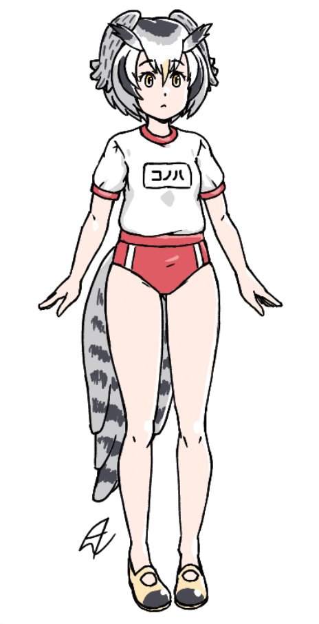 acesrulez alternate_costume bird_girl bird_tail bird_wings black_hair blonde_hair blush buruma commentary_request full_body grey_hair gym_shirt gym_uniform hair_between_eyes head_wings kemono_friends mary_janes multicolored_hair name_tag northern_white-faced_owl_(kemono_friends) owl_ears owl_girl red_buruma shirt shoes short_hair short_sleeves t-shirt tail translation_request white_shirt wings yellow_eyes yellow_footwear