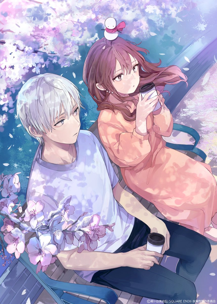 1boy 1girl bangs bench brown_eyes brown_hair cherry_blossoms coffee coffee_cup cup disposable_cup dress eyebrows_hidden_by_hair falling_petals flower fuyutsuki_(ice_cool) grey_eyes grey_hair hair_between_eyes highres himuro holding holding_cup long_hair looking_at_another pants park_bench petals shirt short_hair sitting snowman the_ice_guy_and_his_cool_female_colleague tokiwata_soul