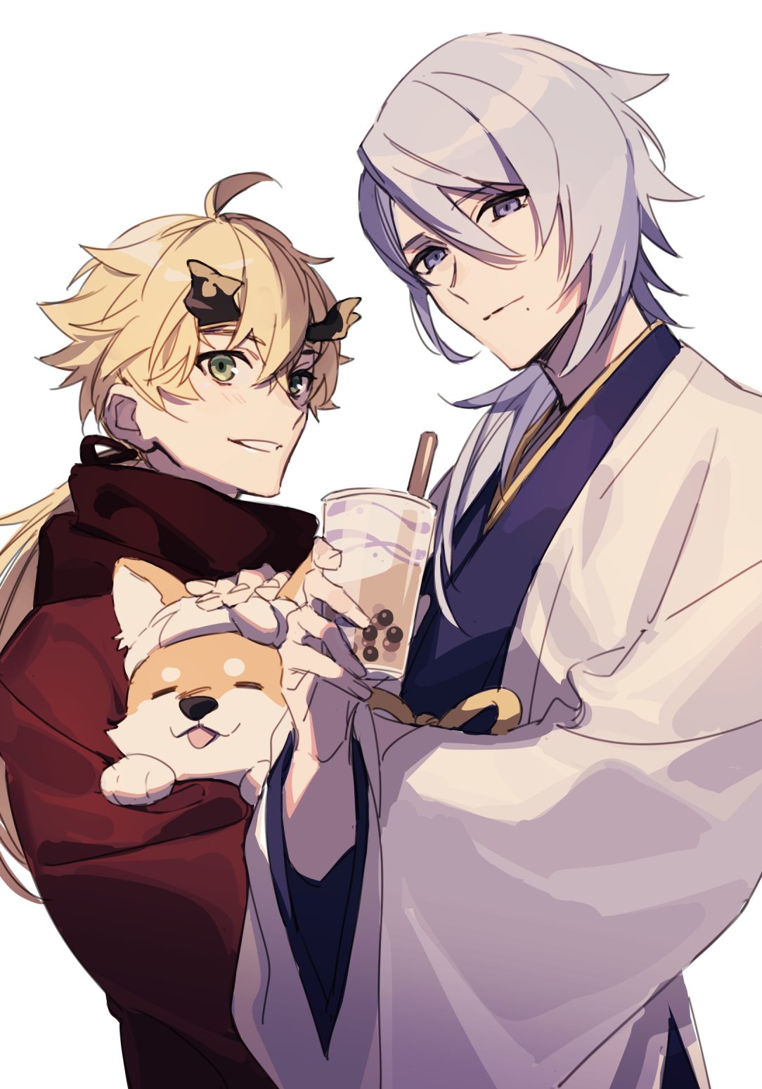2boys bangs black_headband blonde_hair blue_eyes bubble_tea closed_eyes cup dog fake_horns genshin_impact green_eyes hair_between_eyes headband highres holding holding_cup horned_headwear horns japanese_clothes kamisato_ayato long_hair looking_at_viewer male_focus mole mole_under_mouth multiple_boys ponytail shiba_inu simple_background taroumaru_(genshin_impact) thoma_(genshin_impact) upper_body white_background wide_sleeves xia_(ryugo)