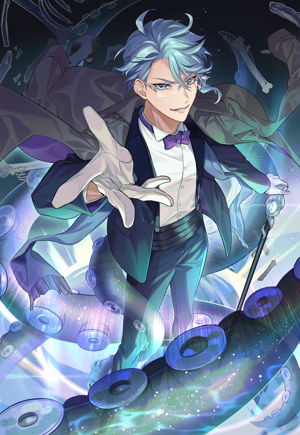 1boy aqua_eyes aqua_hair azul_ashengrotto black_suit bone bow bowtie cane commentary_request formal full_body glasses gloves gradient gradient_background grey_jacket hand_on_cane highres jacket jacket_on_shoulders lens_flare looking_at_viewer male_focus open_clothes open_jacket outstretched_hand purple_bow purple_bowtie semi-rimless_eyewear shirt siiisuuu single_sidelock smile solo standing suit teeth tentacles twisted_wonderland white_gloves white_shirt
