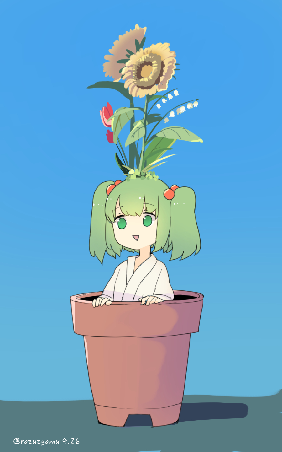 1girl blue_background dated flower flower_on_head flower_pot grass green_eyes green_hair hair_bobbles hair_ornament highres in_container japanese_clothes kisume lily_of_the_valley open_mouth razuzyamu shadow simple_background solo sunflower touhou triangle_mouth tulip twintails twitter_username