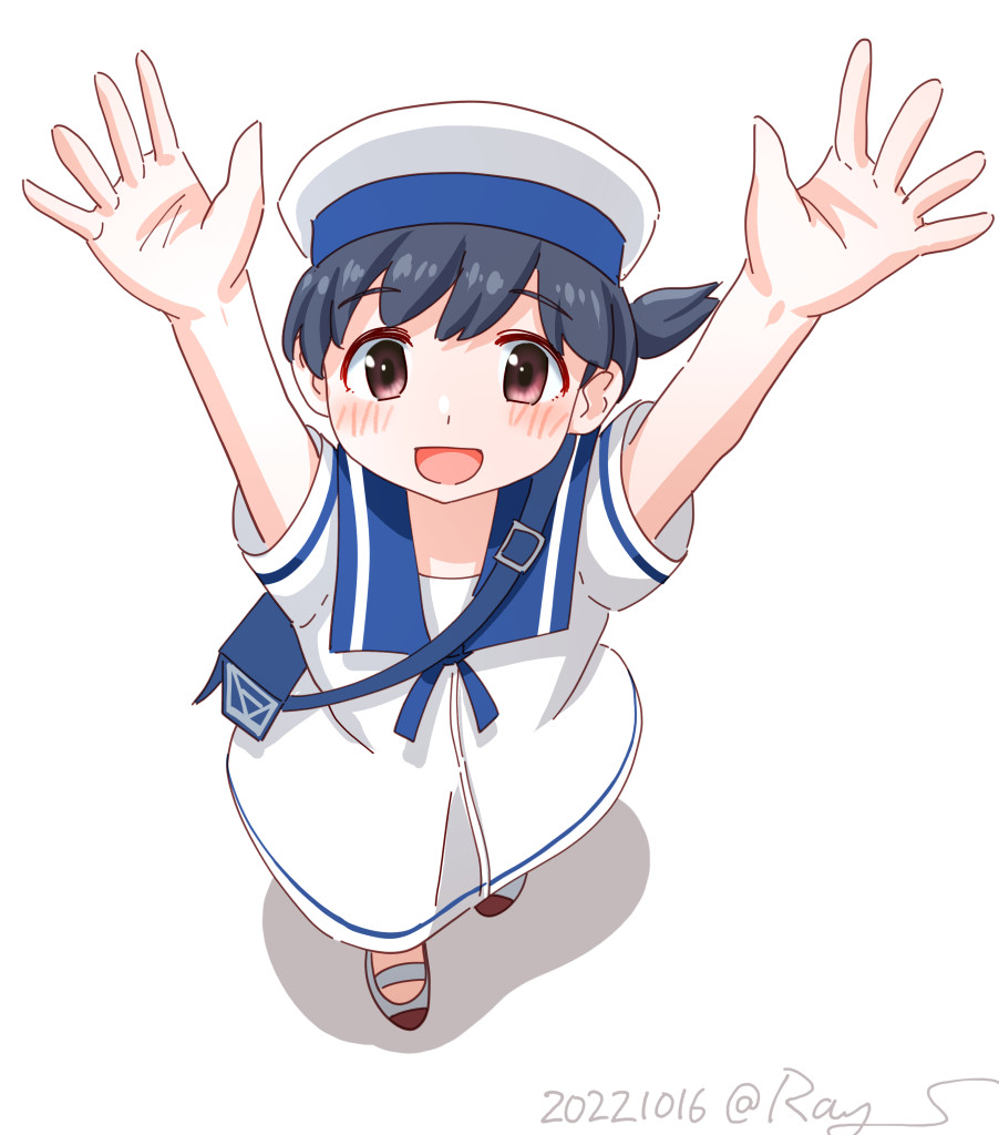 bag black_hair brown_eyes dress foreshortening from_above hands_up hat hiburi_(kancolle) kantai_collection looking_at_viewer low_ponytail one-hour_drawing_challenge ray.s sailor_collar sailor_dress sailor_hat shoes short_hair short_sleeves simple_background smile uwabaki white_background white_dress