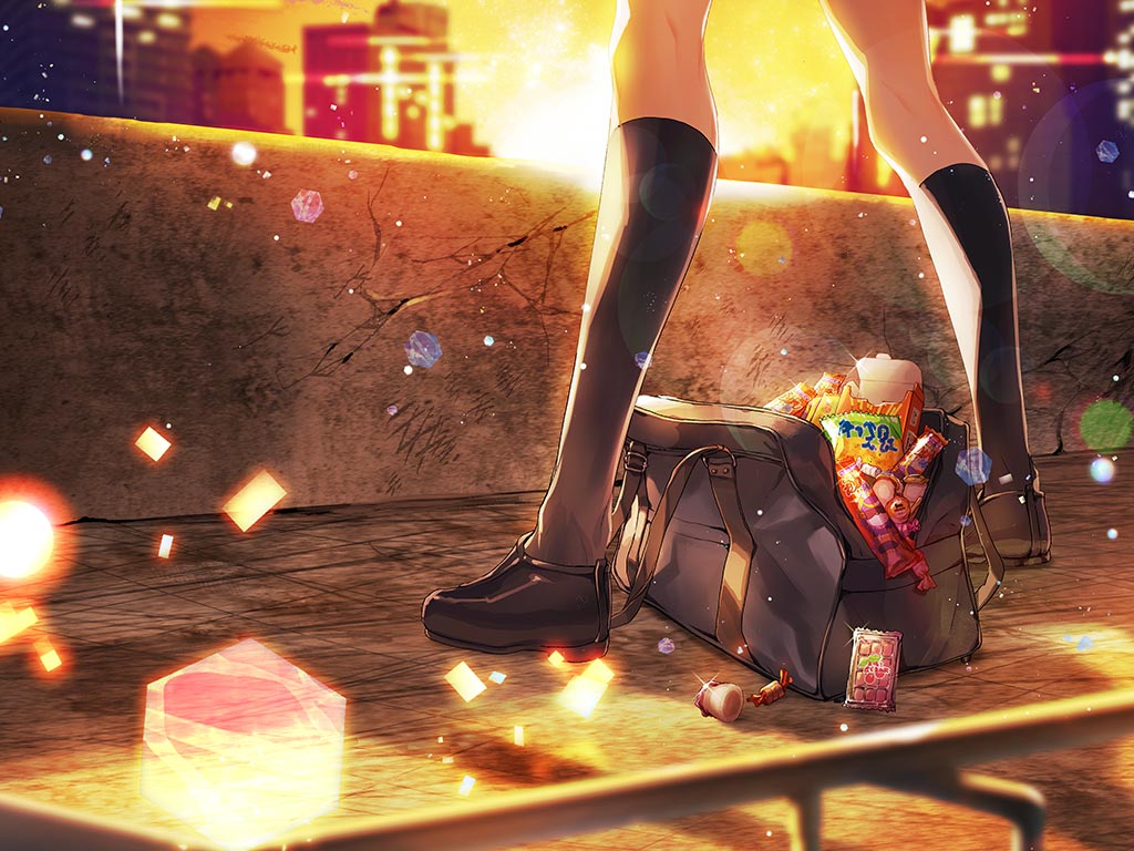 1girl bag black_footwear black_socks blurry blurry_background city food game_cg kazari_jun kneehighs loafers lower_body magia_record:_mahou_shoujo_madoka_magica_gaiden mahou_shoujo_madoka_magica official_art shoes socks solo sparkle sunset sweets tagme umaibou