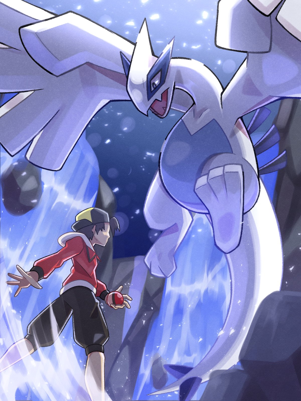 1boy backwards_hat baseball_cap black_hair colored_skin ethan_(pokemon) hat highres holding holding_poke_ball inana_umi looking_at_another lugia open_mouth poke_ball poke_ball_(basic) pokemon pokemon_(creature) pokemon_(game) pokemon_hgss rock tail water waterfall white_skin wings