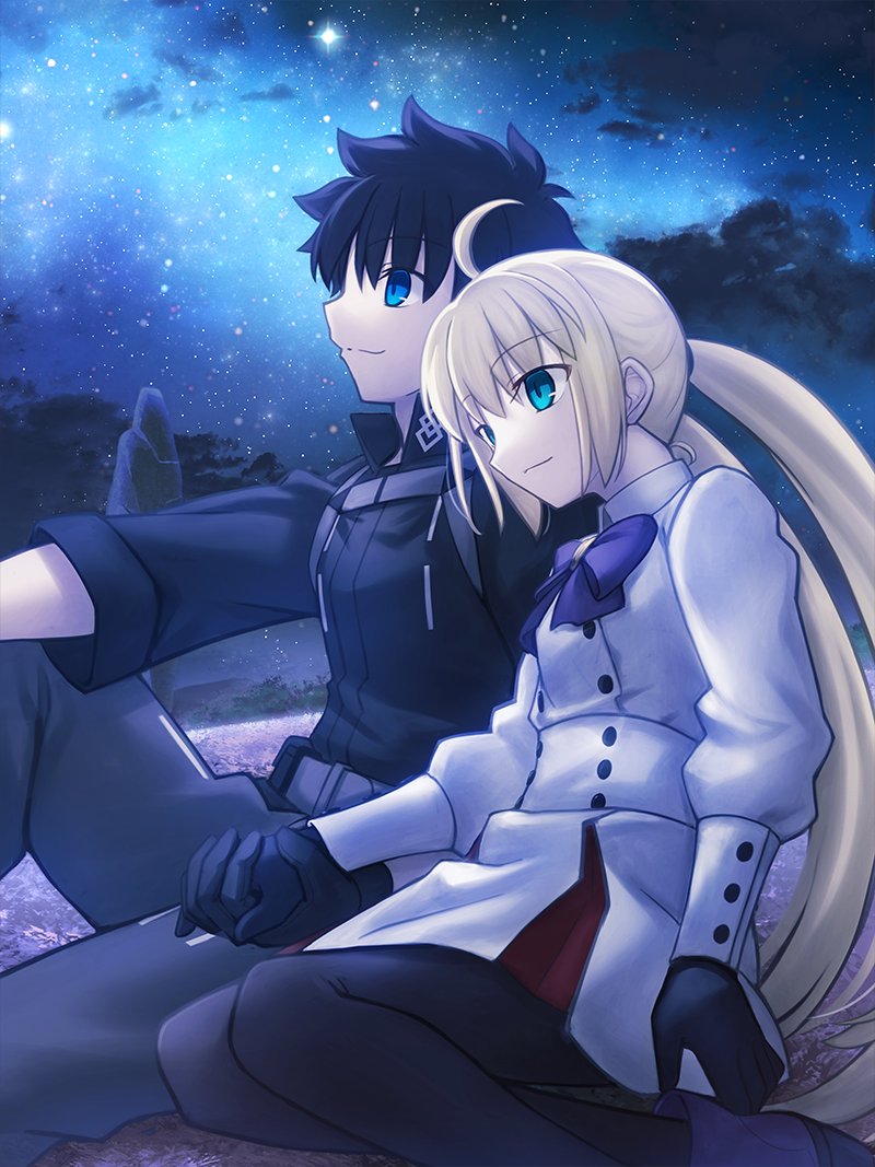 1boy 1girl ahoge artoria_caster_(fate) artoria_caster_(second_ascension)_(fate) artoria_pendragon_(fate) belt black_gloves black_hair black_pantyhose blue_eyes boots bow breasts buttons chaldea_uniform closed_mouth clouds cloudy_sky collared_shirt fate/grand_order fate_(series) flower fujimaru_ritsuka_(male) fujimaru_ritsuka_(male)_(polar_chaldea_uniform) gloves green_eyes grey_pants jacket long_hair long_sleeves night night_sky pants pantyhose pink_flower purple_bow purple_footwear shirt shoori_(migiha) short_hair skirt sky small_breasts smile star_(sky) twintails white_shirt white_skirt