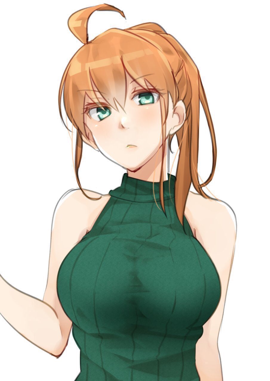 1girl ahoge akirasamadxi223 bare_arms bare_shoulders breasts closed_mouth commentary_request green_eyes green_sweater hair_between_eyes highres large_breasts orange_hair original ponytail ribbed_sweater sleeveless sleeveless_sweater sleeveless_turtleneck solo sweater turtleneck white_background