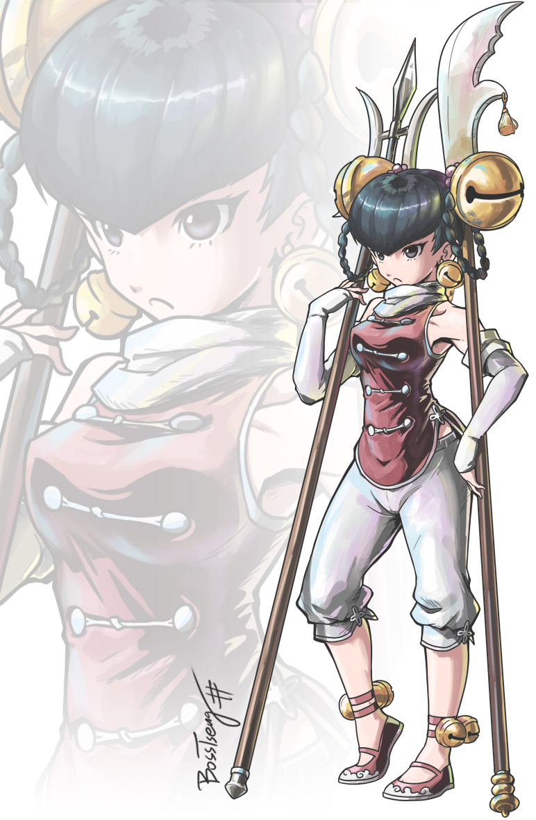 1girl anklet arm_warmers bell bell_earrings black_eyes black_hair bosstseng breasts chinese_clothes earrings full_body guan_dao hair_bell hair_ornament hair_rings jewelry lin_lin_(one-punch_man) medium_breasts one-punch_man polearm scarf shirt signature sleeveless sleeveless_shirt solo spear weapon white_scarf zoom_layer
