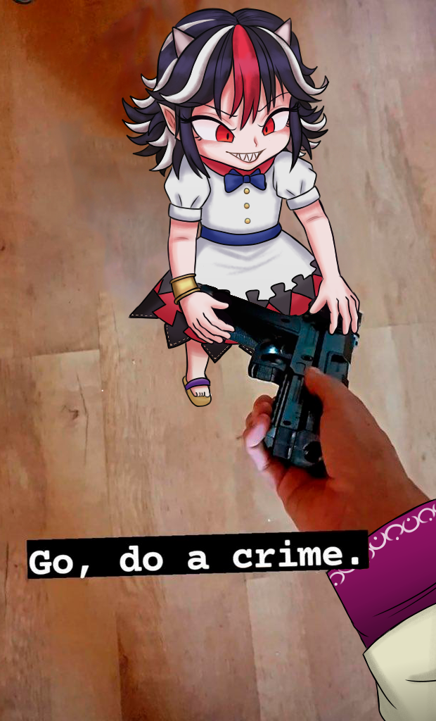 2girls bow bowtie dress english_text giving go_do_a_crime_(meme) gun handgun holding holding_weapon horns kijin_seija kishin_sagume licen long_sleeves meme multicolored_hair multiple_girls real_life red_eyes sandals short_hair short_sleeves smile teeth touhou weapon wooden_floor