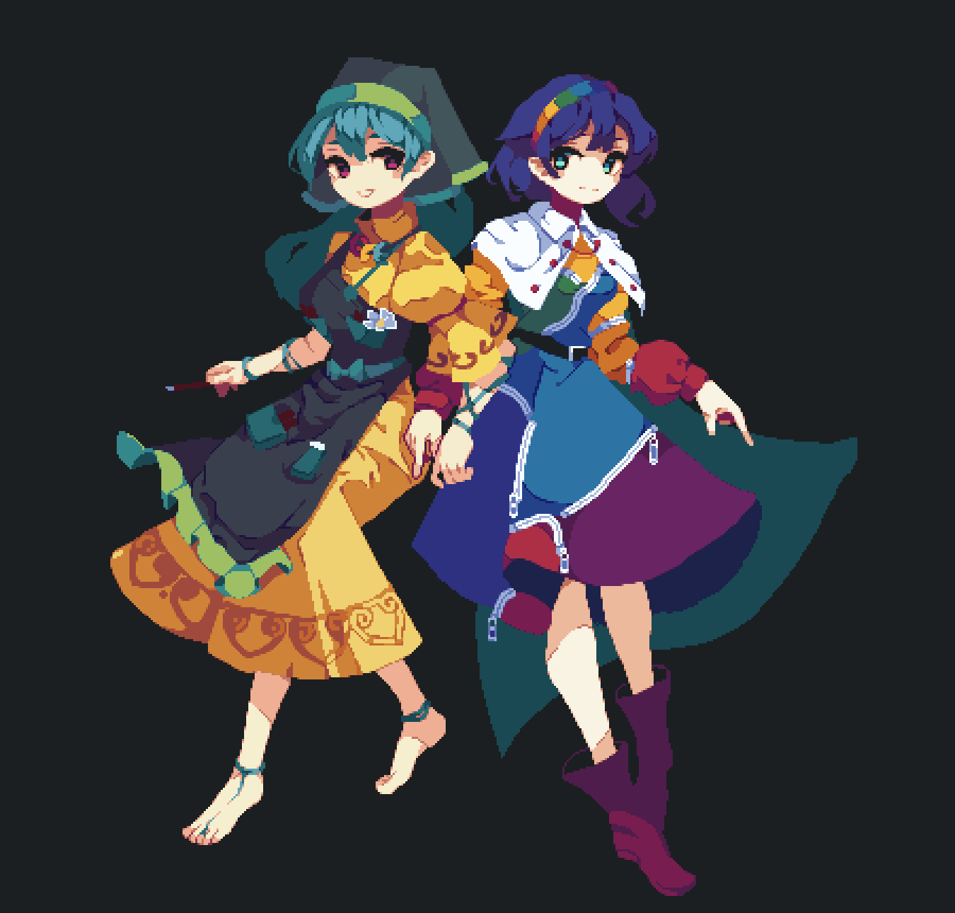 2girls 4qw5 apron blue_hair boots cape dress green_apron green_headwear haniyasushin_keiki head_scarf highres jewelry knife long_hair magatama magatama_necklace multicolored_clothes multicolored_hairband multiple_girls necklace paintbrush patchwork_clothes pink_eyes pink_footwear pixel_art pliers rainbow_gradient short_hair single_strap sky_print tenkyuu_chimata tools touhou violet_eyes yellow_dress zipper