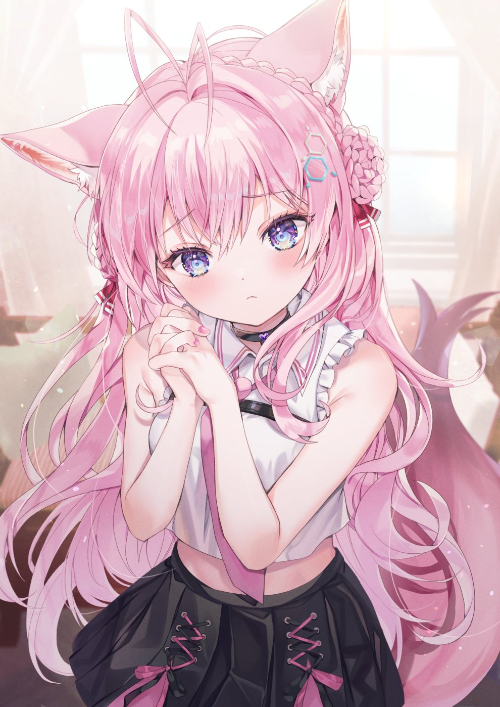 animal_ear_fluff animal_ears antenna_hair bow braid crossed_fingers dabi_(dabibubi) hair_ornament hakui_koyori hexagon hexagon_hair_ornament highres hololive looking_at_viewer navel necktie pink_hair pink_nails pink_necktie shirt skirt tail violet_eyes virtual_youtuber wolf_ears wolf_girl