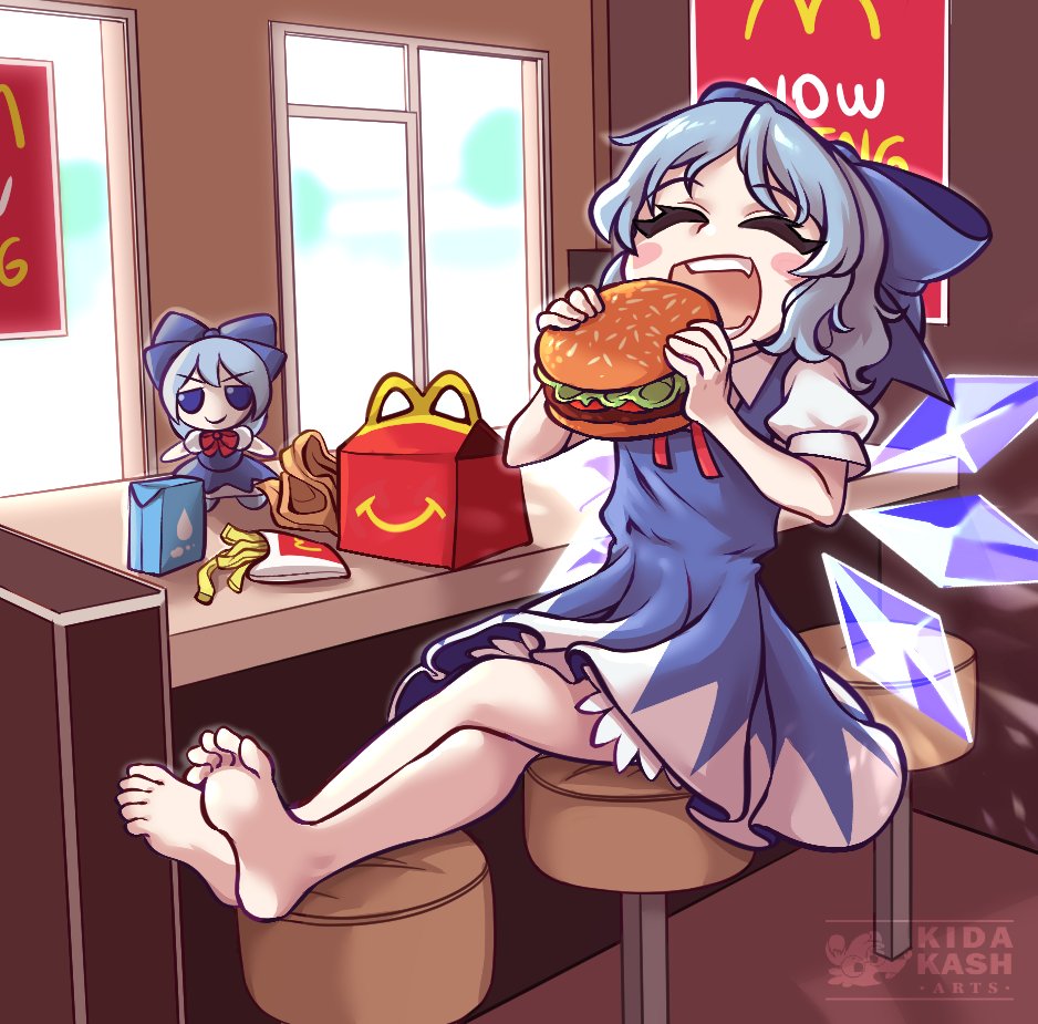 1girl :d ^_^ barefoot blue_bow blue_dress blue_hair blush bow burger character_doll cirno closed_eyes collar crossed_legs dress eating embodiment_of_scarlet_devil fairy_wings fang feet food fumo_(doll) hair_bow happy_meal ice ice_wings kidakash legs mcdonald's puffy_short_sleeves puffy_sleeves short_dress short_hair short_sleeves smile touhou white_collar wings