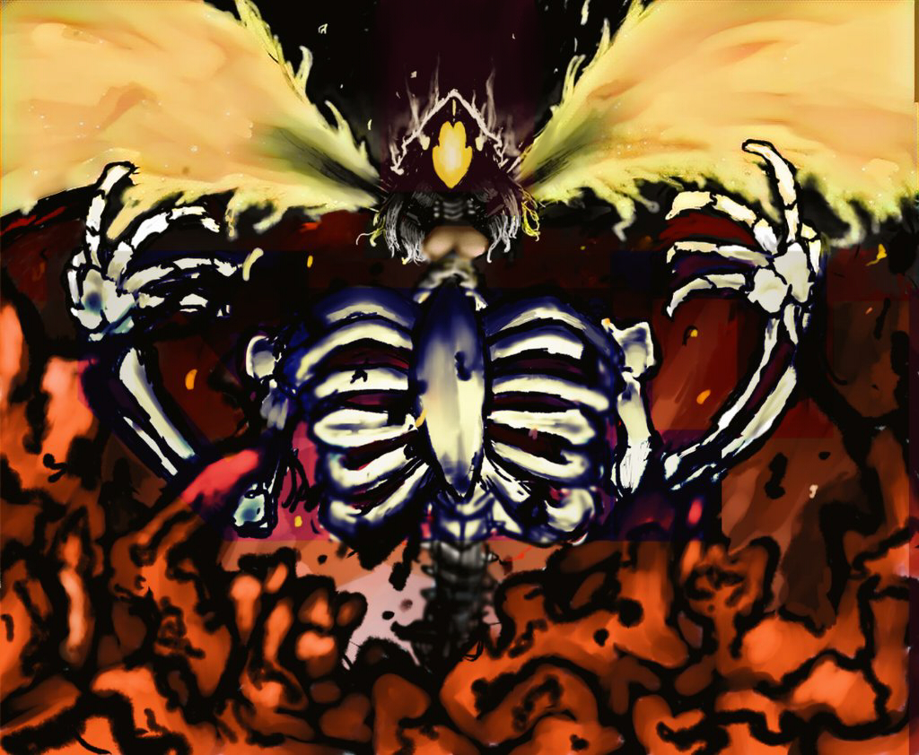 beak body_horror commentary_request eldritch_abomination fiery_wings fire fujiwara_no_mokou giant giant_monster hair_strand horror_(theme) kota919 monster ribs skeleton spine touhou touhou_igyoukyo variant_mokou wings