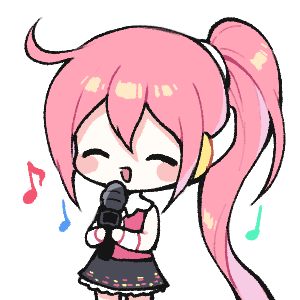 1girl :d ^_^ bangs black_skirt blush_stickers chibi closed_eyes eighth_note hair_between_eyes holding holding_microphone lowres mechuragi microphone musical_note pink_hair pink_shirt quarter_note shirt side_ponytail simple_background skirt sleeveless sleeveless_shirt smile solo standing uni_(vocaloid) vocaloid white_background wrist_cuffs