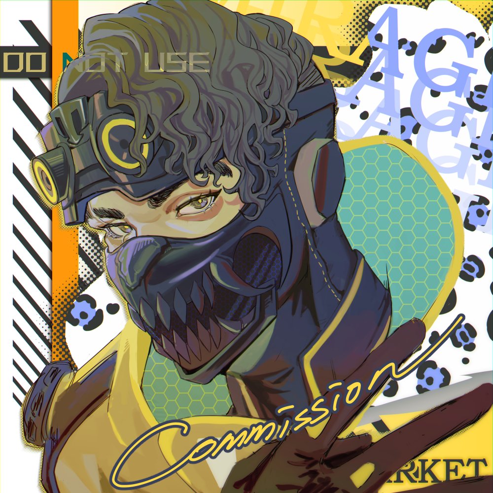 1boy apex_legends black_gloves brown_eyes brown_hair commentary commission english_text gloves goggles goggles_on_head jacket looking_at_viewer male_focus mirage_(apex_legends) night_crawler_mirage official_alternate_costume solo symbol-only_commentary thick_eyebrows v yellow_jacket yitiao_da_shu