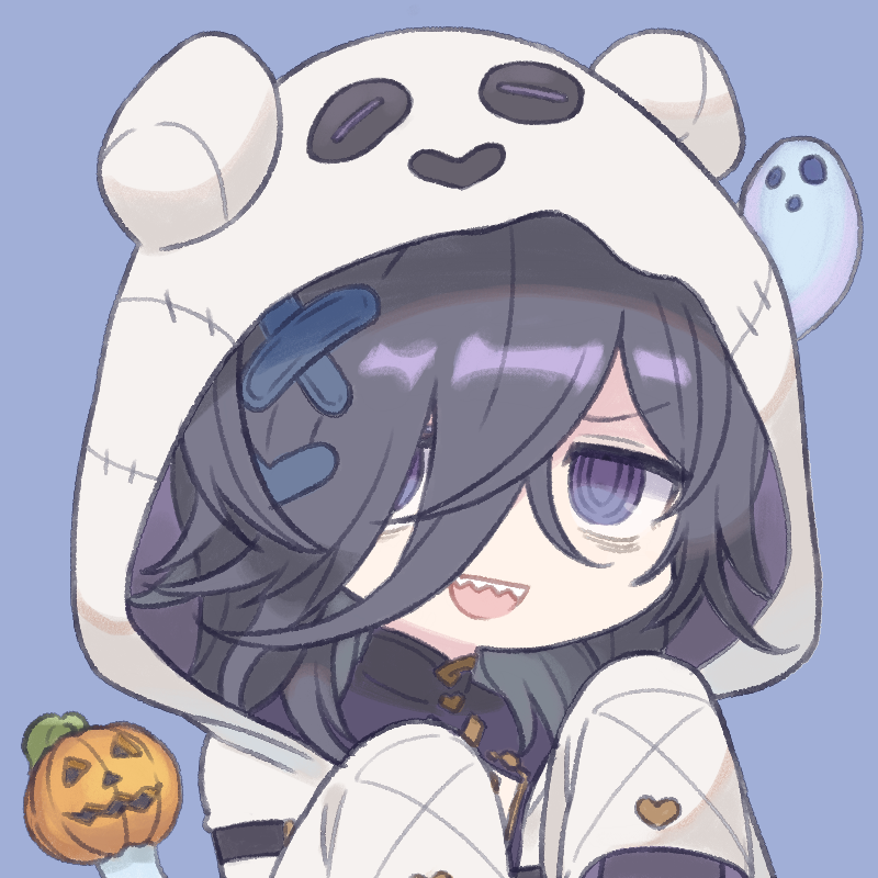 1girl bags_under_eyes bangs black_hair blue_background eno_(preno_gb) ghost granblue_fantasy hair_ornament hair_over_one_eye hood hood_up hooded_robe jack-o'-lantern lich_(granblue_fantasy) long_hair looking_at_viewer open_mouth ringed_eyes robe sharp_teeth simple_background sleeves_past_fingers sleeves_past_wrists smile solo teeth upper_body violet_eyes white_robe