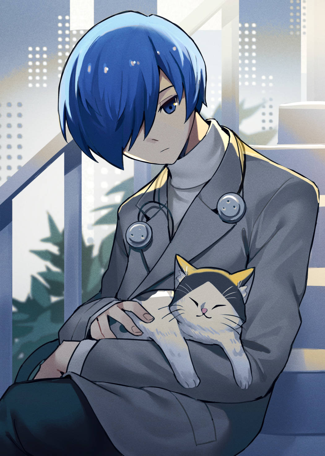 1boy animal black_pants blue_eyes blue_hair cat closed_eyes closed_mouth commentary english_commentary grey_jacket hair_over_one_eye headphones headphones_around_neck highres jacket kuki_tan long_sleeves looking_at_another male_focus one_eye_covered pants persona persona_3 pocket short_hair sitting stairs sweater turtleneck turtleneck_sweater white_sweater yuuki_makoto