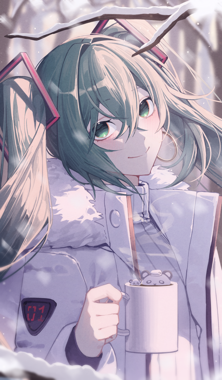 1girl alternate_costume animal aqua_eyes aqua_hair bare_tree closed_mouth coat cup fur_collar g5_(artist) hatsune_miku highres holding holding_cup long_hair looking_at_viewer mug outdoors partially_submerged smile snow solo tree twintails vocaloid white_coat winter winter_clothes winter_coat