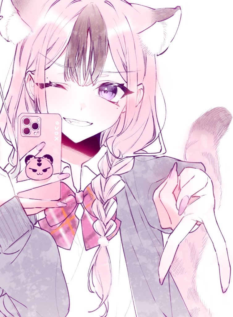1girl bad_id bad_twitter_id black_cardigan black_hair black_nails bow braid cardigan cellphone collared_shirt extra_ears fingernails hair_behind_ear head_tilt holding holding_phone indie_virtual_youtuber looking_at_viewer multicolored_hair phone red_bow sharp_fingernails shirt smartphone smile solo streaked_hair tail tiger_girl tiger_tail twin_braids v virtual_youtuber white_background white_shirt xoco xoco_(vtuber)
