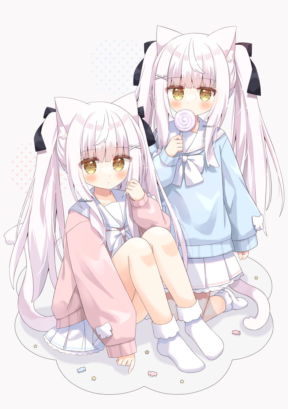 2girls animal_ear_fluff animal_ears bangs black_bow blue_sweater blush bobby_socks bow brown_eyes candy cat_ears cat_girl cat_tail closed_mouth commentary_request covered_mouth food grey_background hair_bow hair_ornament hairclip highres holding holding_candy holding_food holding_lollipop kneeling knees_up lollipop long_hair long_sleeves multiple_girls nakkar no_shoes original pink_sweater pleated_skirt puffy_long_sleeves puffy_sleeves sailor_collar school_uniform serafuku signature simple_background sitting skirt sleeves_past_wrists socks sweater swirl_lollipop tail twintails very_long_hair white_hair white_sailor_collar white_skirt white_socks x_hair_ornament