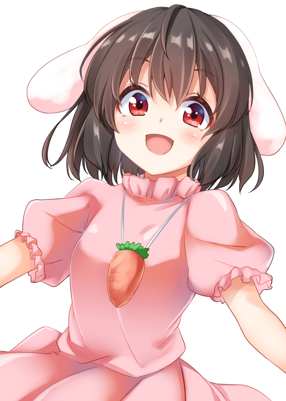 1girl animal_ears brown_hair carrot dress highres hisae_(hisae_collect) inaba_tewi looking_at_viewer open_mouth pink_dress rabbit_ears rabbit_girl red_eyes short_hair short_sleeves smile solo touhou white_background