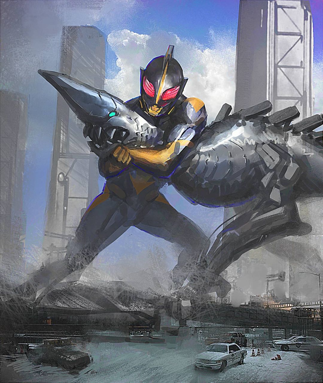 1boy alien car clouds english_commentary ground_vehicle highres kaijuu motor_vehicle peter_chai police_car red_eyes sky tokusatsu traffic_cone ultra_series ultraman_shadow ultraman_zearth_(series)