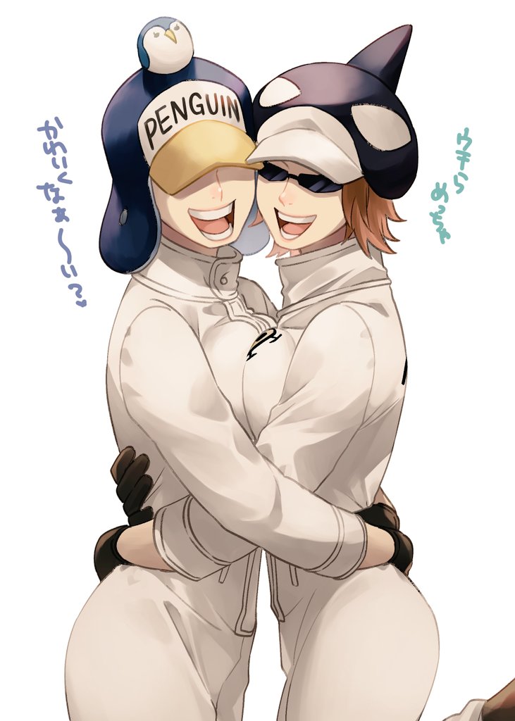 2girls :d breast_press brown_hair covered_eyes genderswap genderswap_(mtf) gloves hat hug multiple_girls one_piece open_mouth orca_hair_ornament overalls penguin_(one_piece) penguin_hat shachi_(one_piece) shade shinto_s short_hair smile sunglasses symmetrical_docking uniform white_background white_overalls
