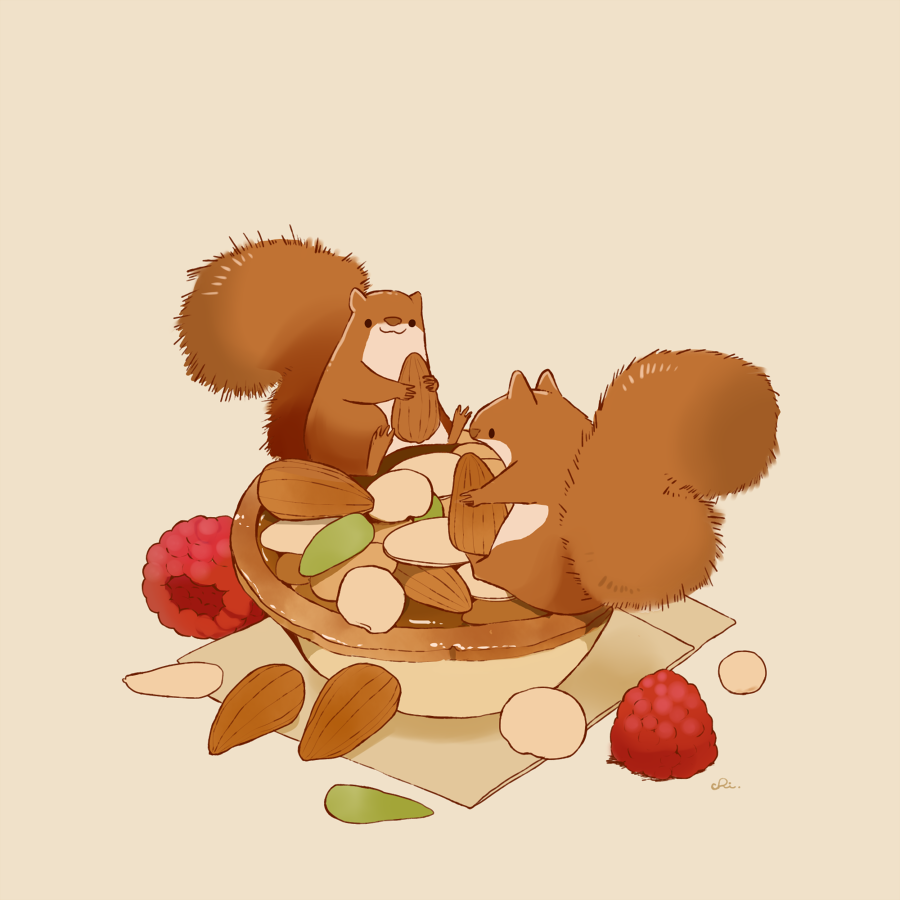 :3 almond animal berry chai_(drawingchisanne) closed_mouth fluffy food holding holding_food no_humans nut_(food) original simple_background squirrel tart_(food) white_background
