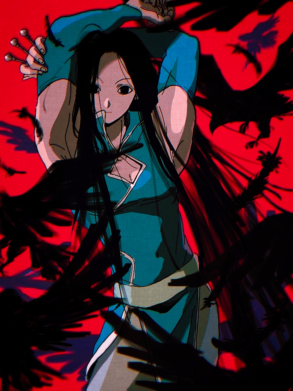 1boy arms_up bird black_eyes black_feathers black_hair chinese_clothes crow detached_sleeves empty_eyes expressionless feathers highres holding holding_needle holding_weapon hunter_x_hunter illumi_zoldyck long_hair male_focus needle no_bangs pose red_background sash solo thicopoyo weapon