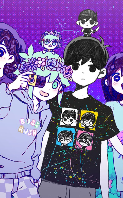 aubrey_(omori) basil_(omori) black_hair black_shirt blue_sweater camera cropped flower green_hair grey_jacket grey_pants hair_flower hair_ornament jacket mari_(omori) night official_art omocat omori pants purple_background selfie shirt striped striped_pants stuffed_toy sunny_(omori) sweater third-party_edit third-party_source