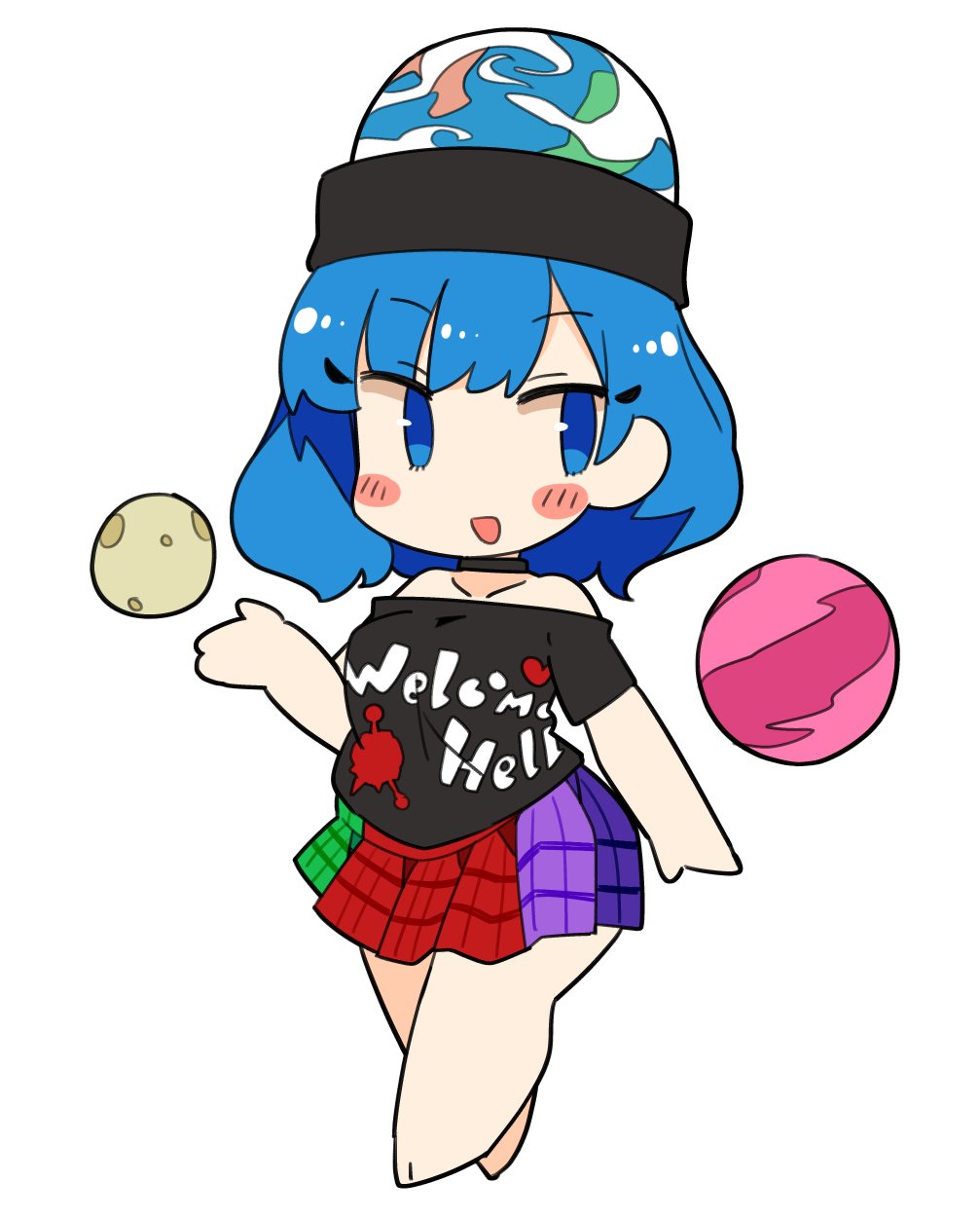 1girl black_headwear black_shirt blue_eyes blue_hair clothes_writing collarbone earth_(ornament) full_body hecatia_lapislazuli hecatia_lapislazuli_(earth) highres ini_(inunabe00) moon_(ornament) multicolored_clothes multicolored_skirt off-shoulder_shirt off_shoulder pleated_skirt polos_crown shirt short_hair short_sleeves simple_background skirt solo t-shirt touhou white_background