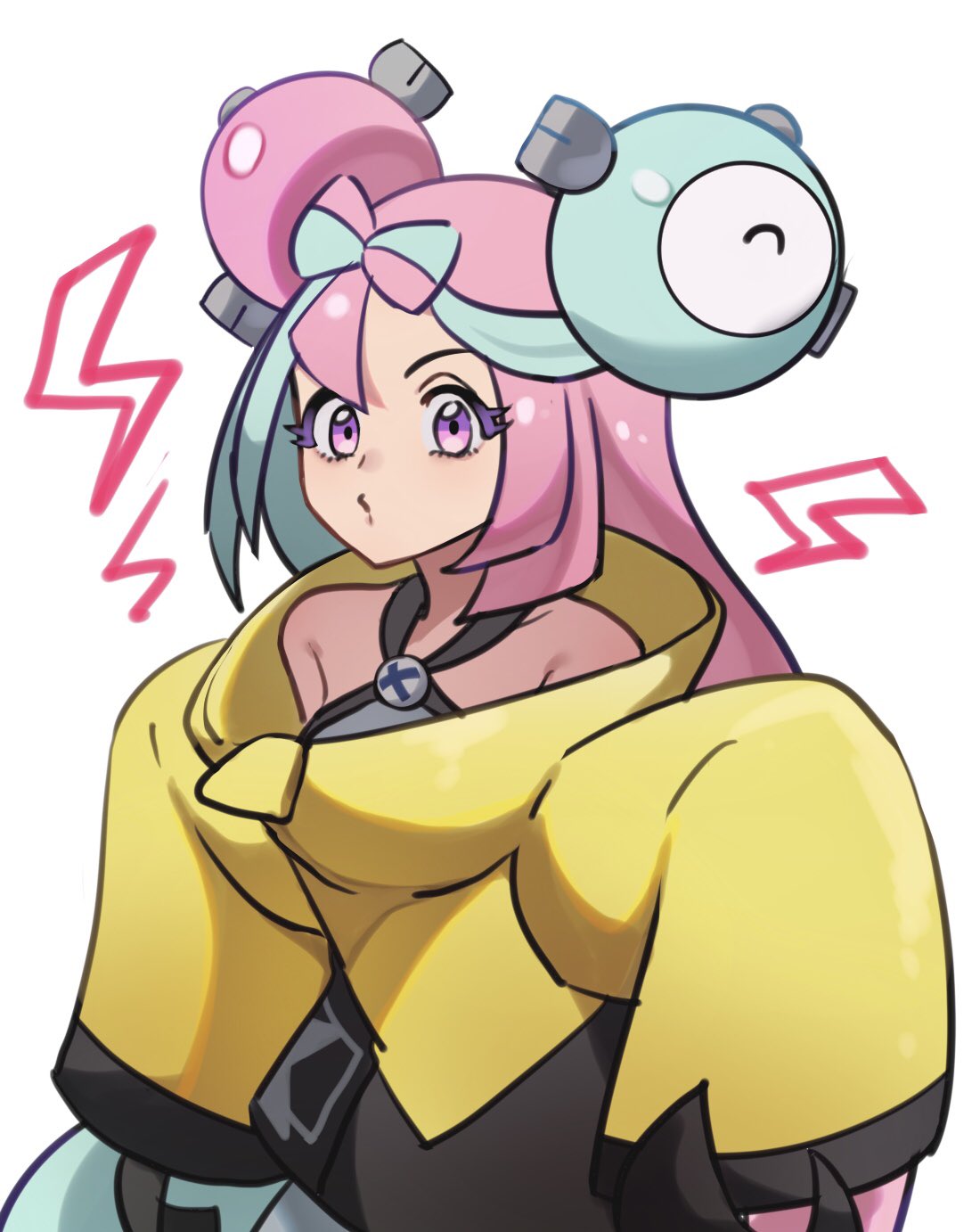 1girl blue_hair character_hair_ornament echizen_(n_fns17) hair_ornament highres iono_(pokemon) jacket lightning_bolt_symbol long_hair long_sleeves looking_at_viewer multicolored_hair o3o oversized_clothes pink_eyes pink_hair pokemon pokemon_(game) pokemon_sv simple_background solo twintails two-tone_hair white_background yellow_jacket