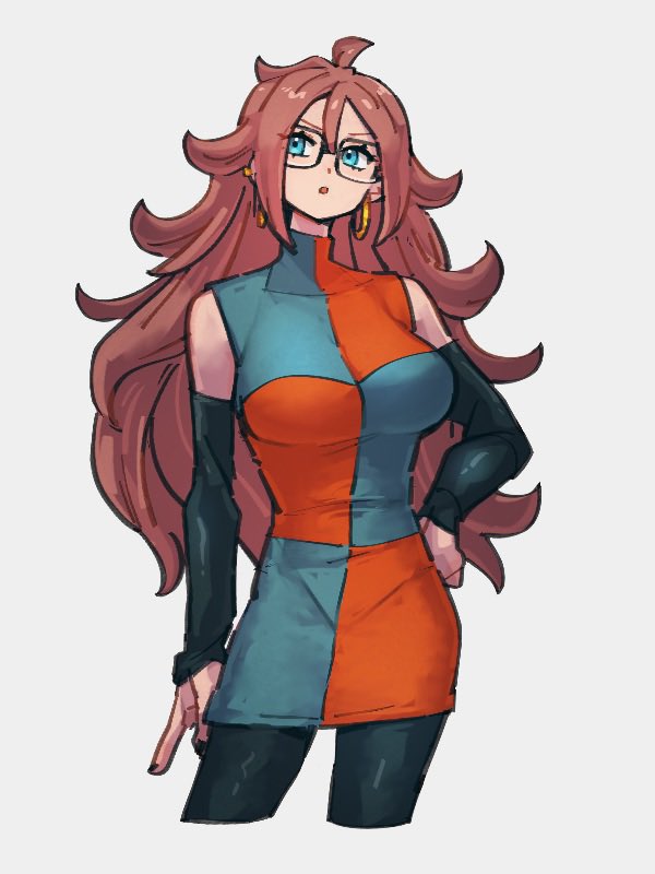 1girl android_21 black_sleeves blue_eyes breasts checkered_clothes checkered_dress detached_sleeves dragon_ball dragon_ball_fighterz dress earrings glasses grey_background hair_between_eyes hand_on_hip hoop_earrings jewelry kemachiku large_breasts long_hair looking_at_viewer redhead simple_background solo
