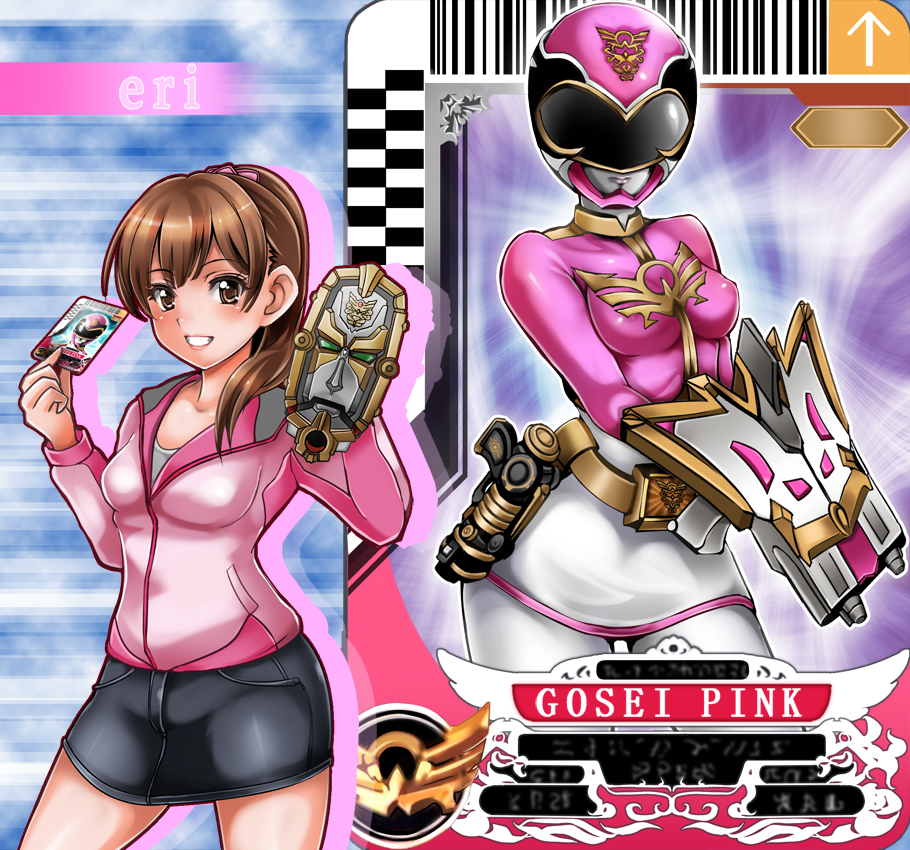 1041_(toshikazu) 1girl alluring belt breasts card eri_(goseiger) gosei_pink gun helmet jacket pencil_skirt pink_theme sentai skirt super_sentai tensou_sentai_goseiger tensouder weapon