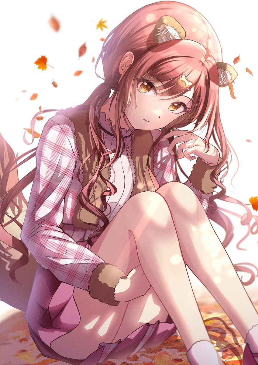 1girl animal_ears autumn autumn_leaves bangs blush citrusmikan falling_leaves fur_trim hair_ornament hairclip highres hugging_own_legs idolmaster idolmaster_shiny_colors knees_to_chest knees_up leaf legs_together legs_up long_hair long_sleeves looking_at_viewer low_twintails maple_leaf official_alternate_costume official_alternate_hairstyle open_mouth osaki_amana pink_skirt plaid plaid_shirt raccoon_ears redhead shirt sitting skirt smile solo swept_bangs twintails yellow_eyes