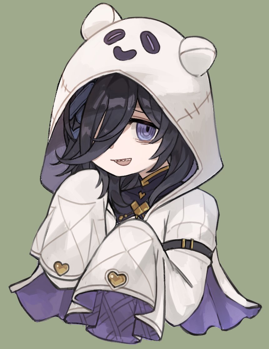 1girl bags_under_eyes bangs black_hair cropped_torso eno_(preno_gb) granblue_fantasy green_background hair_ornament hair_over_one_eye hands_up hood hood_up hooded_robe lich_(granblue_fantasy) long_hair looking_at_viewer open_mouth ringed_eyes robe sharp_teeth simple_background sleeves_past_fingers sleeves_past_wrists smile solo teeth upper_body violet_eyes white_robe