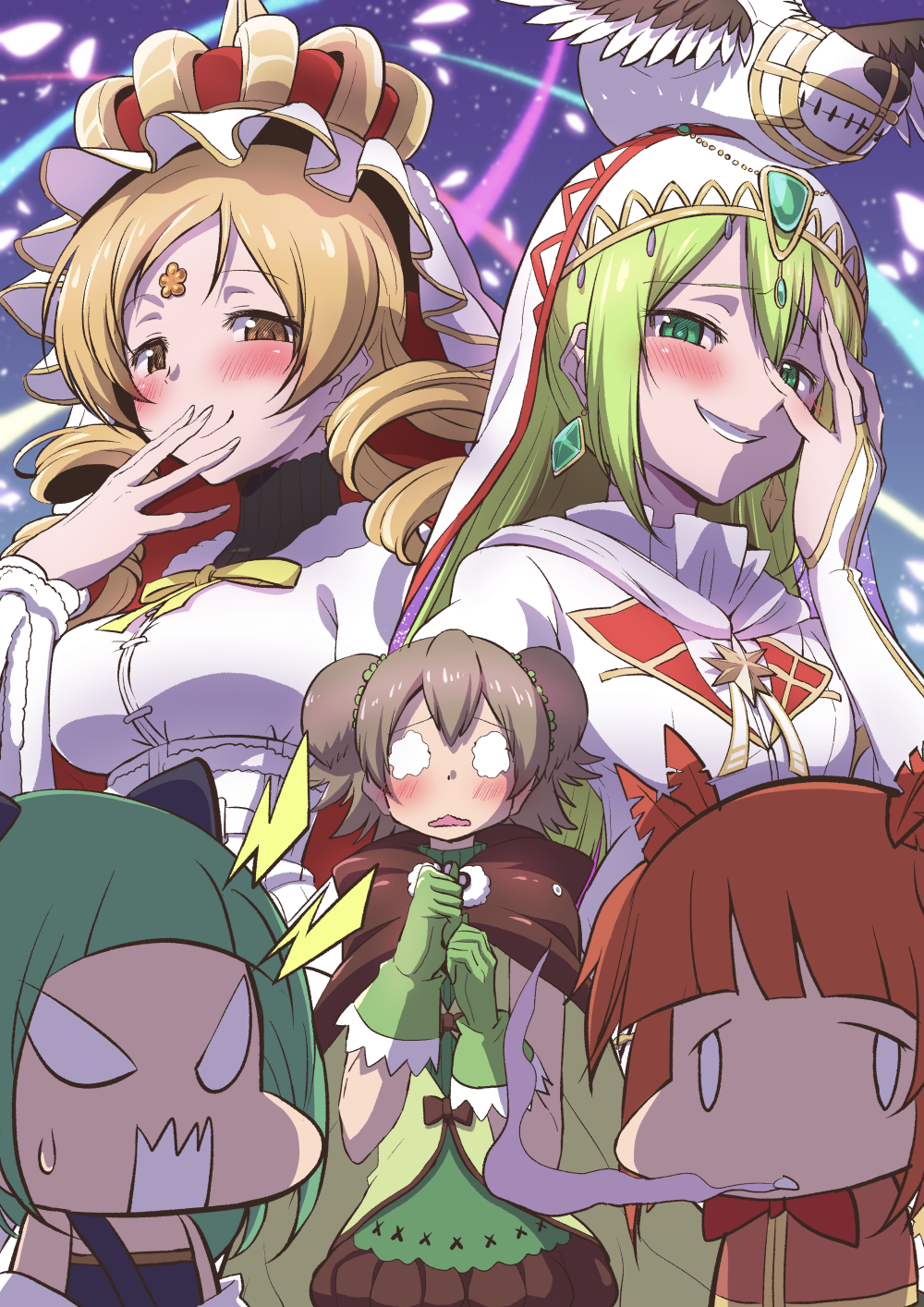 5girls ahoge aino_mito akino_kaede alina_gray bangs blonde_hair blush breasts brown_eyes brown_hair cape cloak corset crown detached_sleeves drill_hair face_of_the_people_who_sank_all_their_money_into_the_fx_(meme) fingerless_gloves fur-trimmed_cape fur_trim gloves green_hair hair_ornament hairpin highres holy_alina holy_mami juliet_sleeves large_breasts light_brown_hair long_hair long_sleeves looking_at_viewer magia_record:_mahou_shoujo_madoka_magica_gaiden magical_girl mahou_shoujo_madoka_magica meme miyako_hinano multiple_girls open_mouth puffy_sleeves redhead ribbon short_hair smile tomoe_mami touyu_(yuruyuruto) twin_drills two_side_up yellow_eyes yellow_ribbon