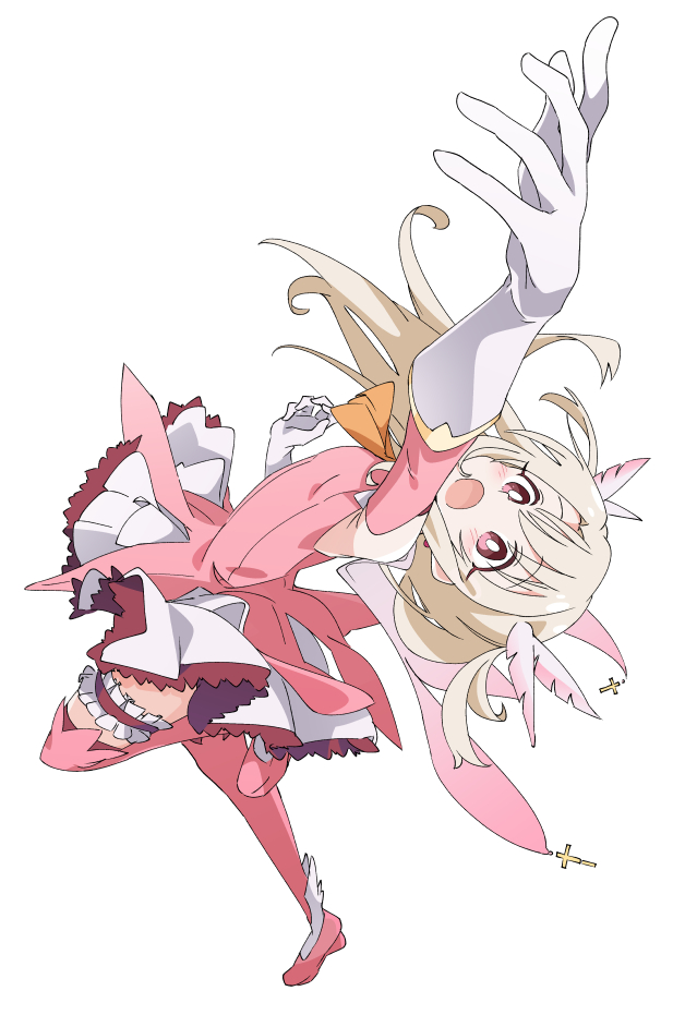 1girl arm_up boots brown_hair fate/kaleid_liner_prisma_illya fate_(series) gloves illyasviel_von_einzbern ixy long_hair magical_girl open_mouth pink_eyes pink_footwear pink_thighhighs prisma_illya simple_background solo thigh-highs thigh_boots white_background white_gloves