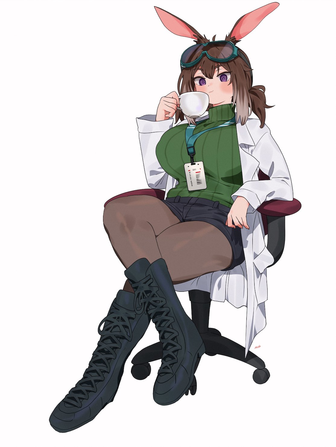 1girl animal_ear_fluff animal_ears black_footwear black_shorts blush boots brown_hair brown_pantyhose chair closed_mouth commentary cross-laced_footwear crossed_legs cup english_commentary full_body goggles goggles_on_head green_sweater highres holding holding_cup labcoat lace-up_boots lanyard legwear_under_shorts long_hair long_sleeves looking_at_viewer multicolored_hair office_chair on_chair open_clothes original pantyhose rabbit_ears ribbed_sweater ryusei_hashida short_shorts shorts simple_background sitting smile solo sweater turtleneck turtleneck_sweater two-tone_hair violet_eyes white_background