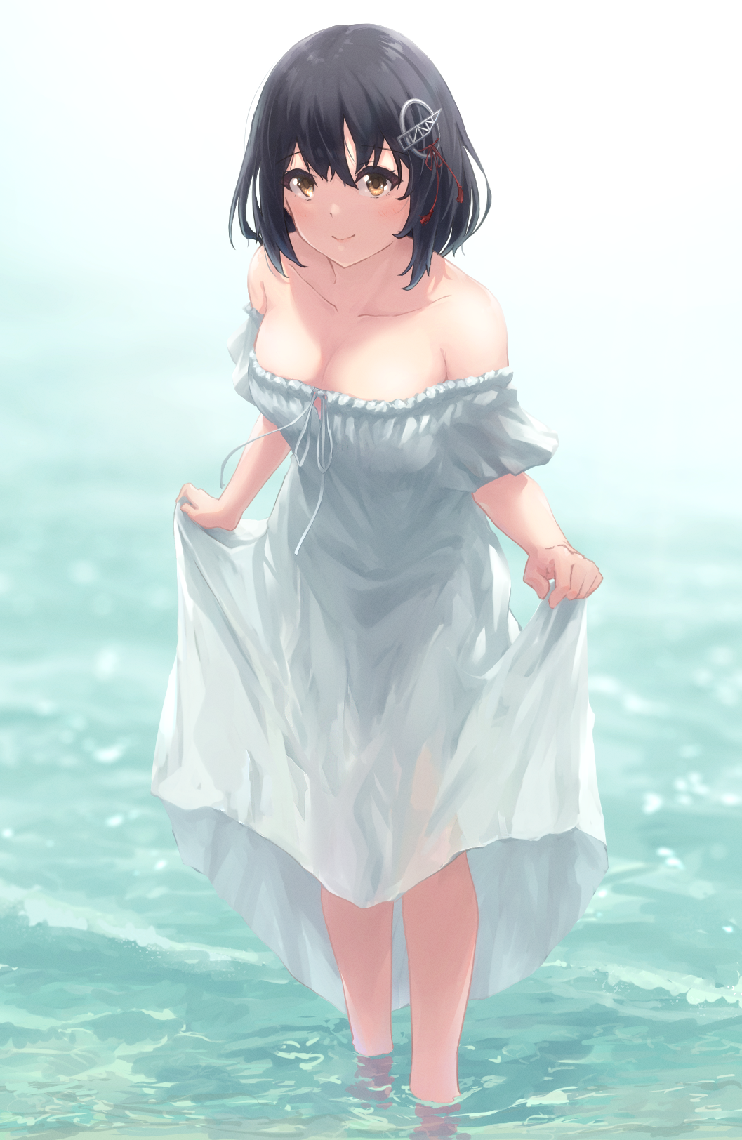 1girl alternate_costume black_hair breasts brown_eyes clothes_lift dress dress_lift haguro_(kancolle) hair_ornament highres i-coat kantai_collection large_breasts lifted_by_self long_dress short_hair skirt_hold smile solo standing wading white_dress