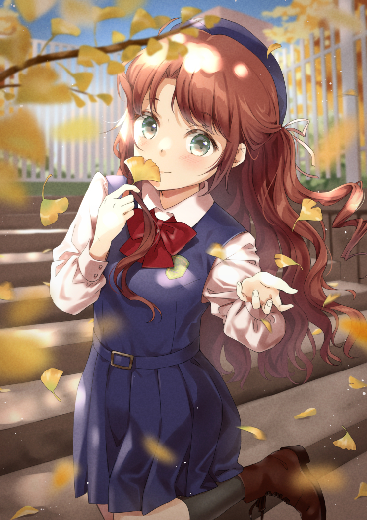 1girl autumn_leaves bangs black_socks blue_skirt blue_sky blurry blurry_background blush boots bow bowtie brown_footwear clear_sky closed_mouth collared_shirt day falling_leaves fence ginkgo holding holding_leaf leaf long_hair long_sleeves looking_at_viewer original outdoors pleated_skirt red_bow redhead shirt skirt sky smile socks solo stairs suspenders swept_bangs unya_(unya-unya) white_shirt yellow_eyes
