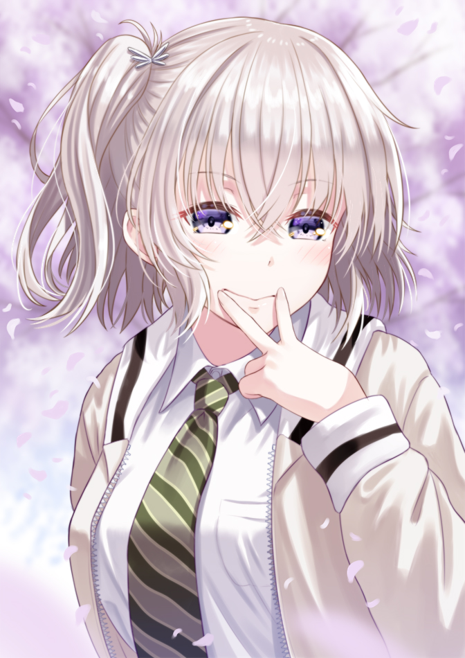 1girl ai_(re:lief) bangs breast_pocket cardigan cherry_blossoms closed_mouth collared_shirt floating_hair grey_eyes hair_between_eyes long_hair long_sleeves mizunashi_hayate necktie open_cardigan open_clothes pocket re:lief_~shin'ai_naru_anata_e~ school_uniform shiny shiny_hair shirt side_ponytail smile solo spring_(season) striped_necktie upper_body v white_cardigan white_hair white_shirt wing_collar